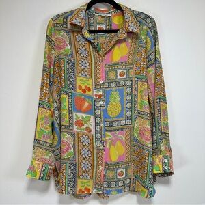 ROSE + OLIVE Patchwork Fruit Print Button Down Shirt Colorful Scarf Print Blouse